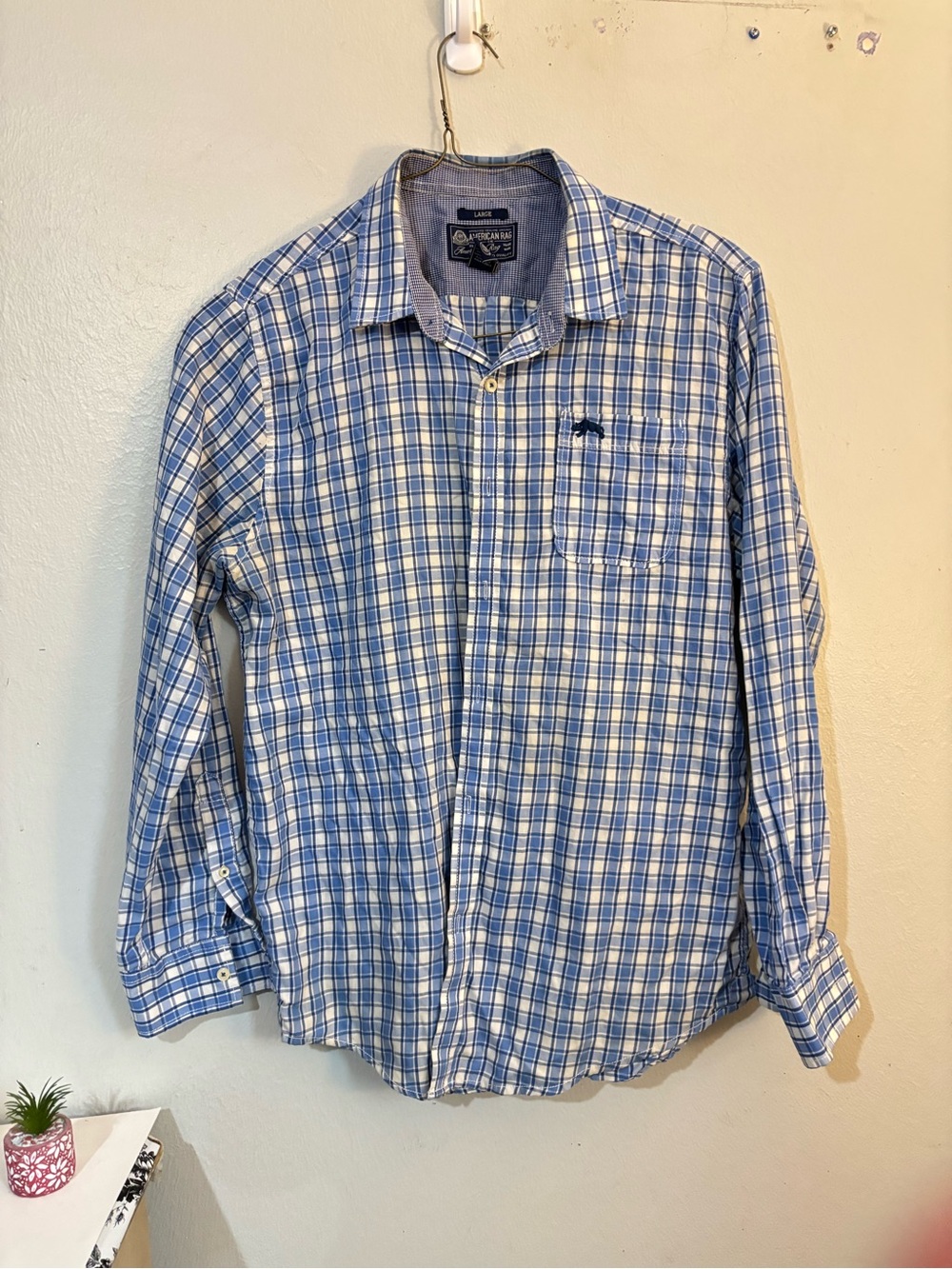 American Rag Men’s Blue and White Plaid Button-Down Shirt